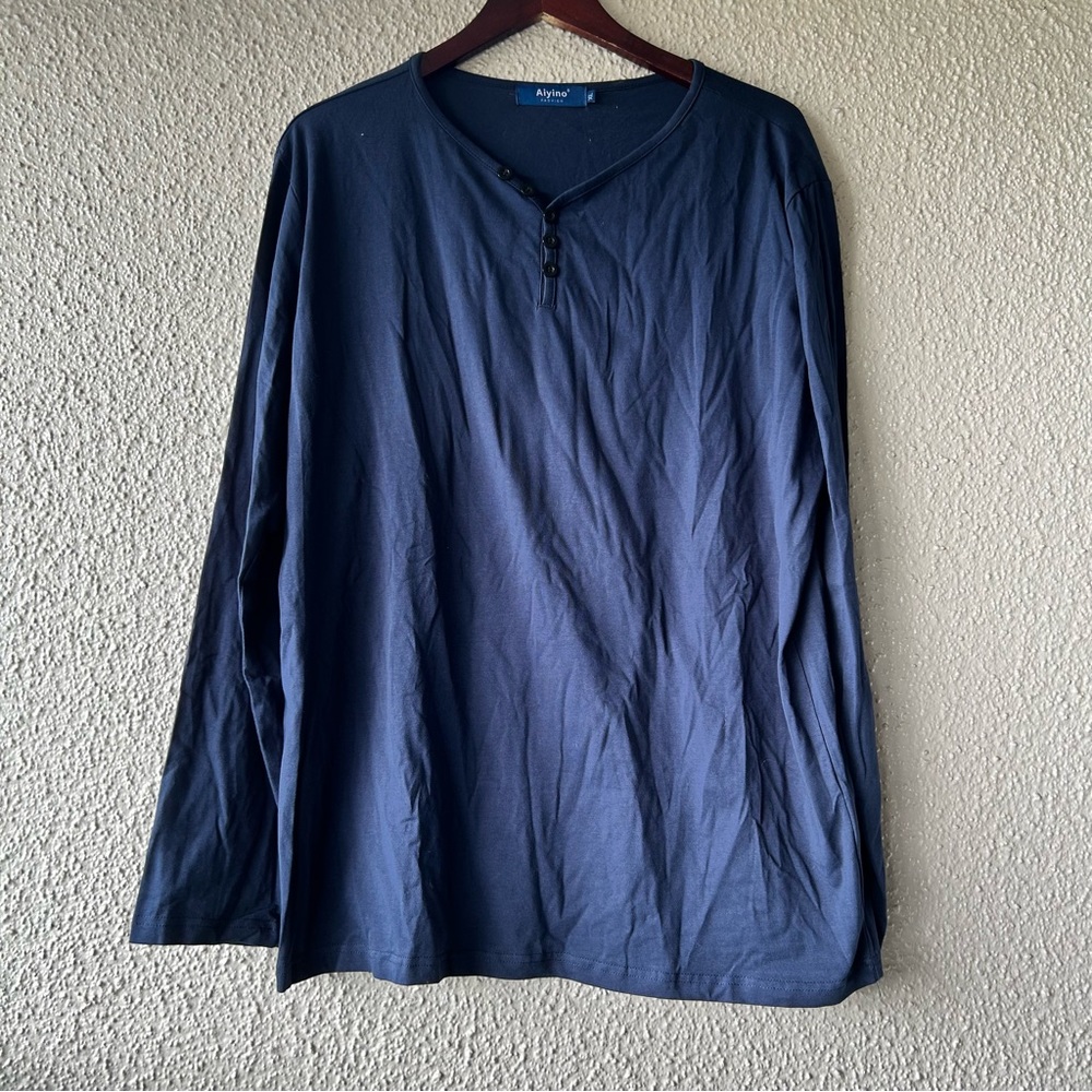 Aiyion navy Blue long sleeve women’s top  with buttons on the neck line XL